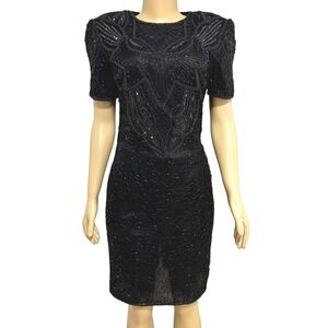 Vintage 80s AP LTD Black Silk Beaded Sequin Puffy Shoulder Short Cocktail Dress